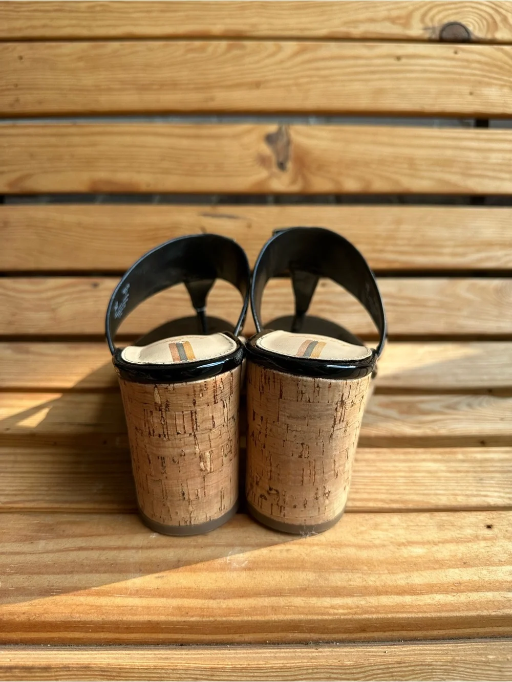 Sam Edelman Black Patent Cork Wedge Sandals with Gold Logo